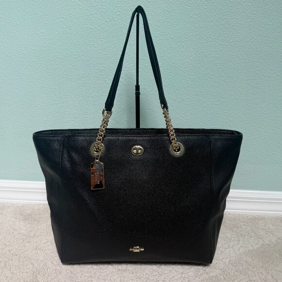 COACH TURNLOCK CHAIN TOTE Black Pebbled Leather Shoulder Bag Work Travel Casual - Picture 1 of 16